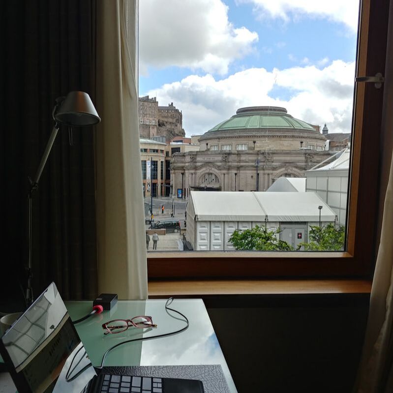 Photo shows the view from a hotel room toward Edinburgh Castle